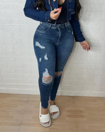 Hochtaillierte Skinny Ripped Po-Push-up Jeans