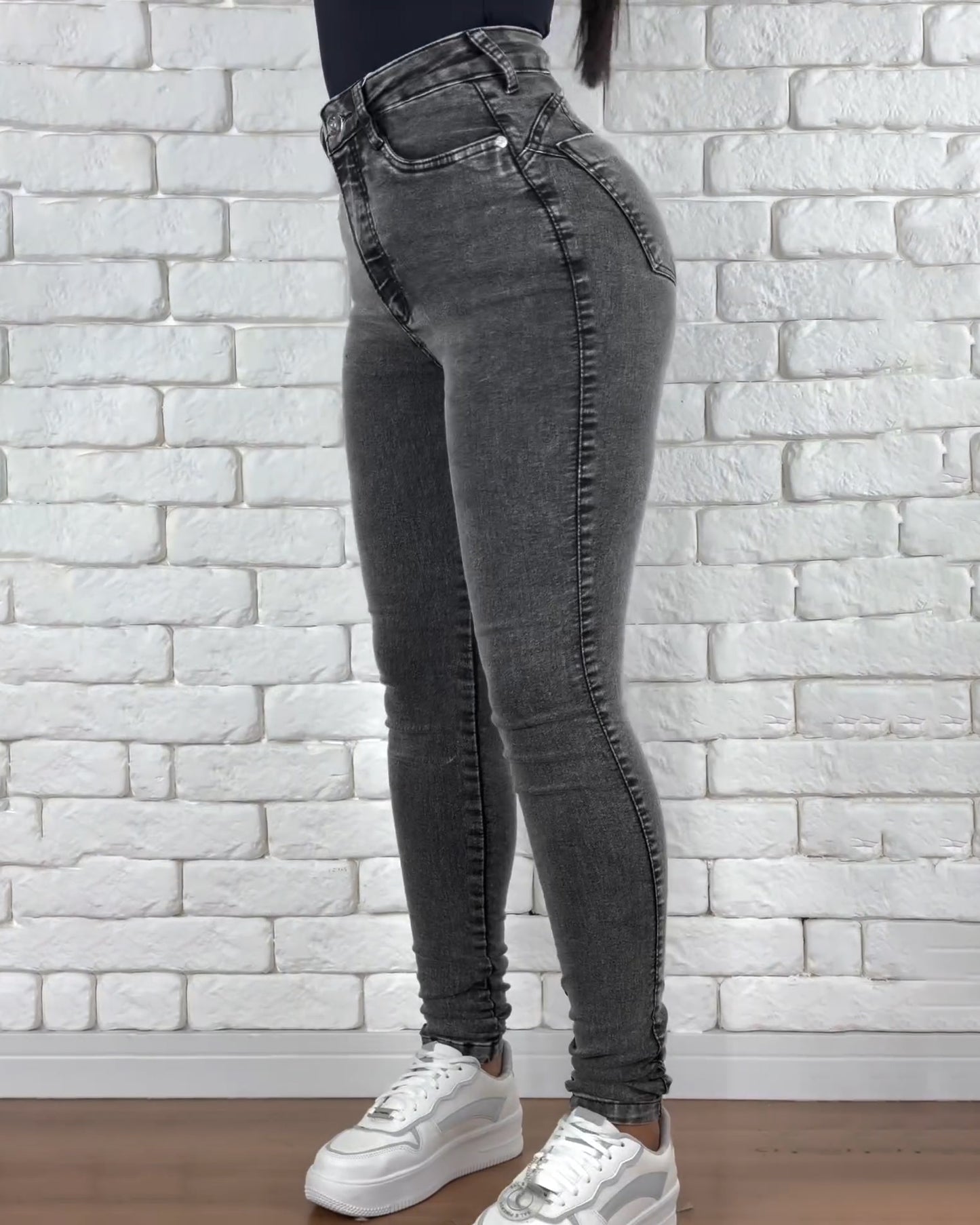 Hochtaillierte Graue Skinny Slim Jeans