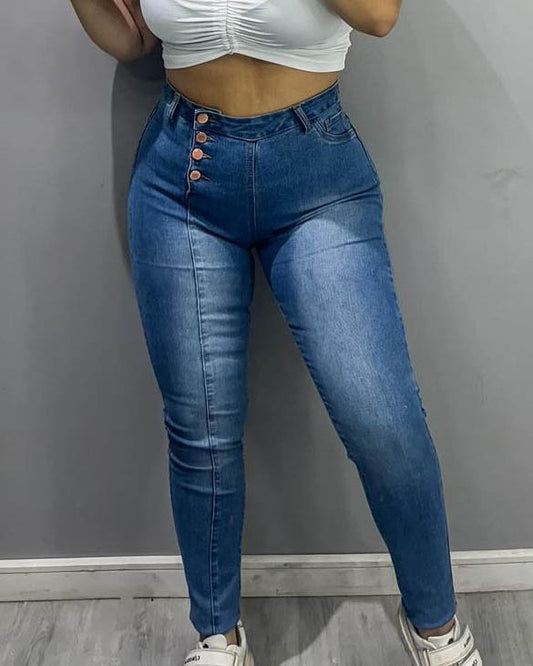 Schmale Jeans mit Seitenknöpfen im Trenddesign