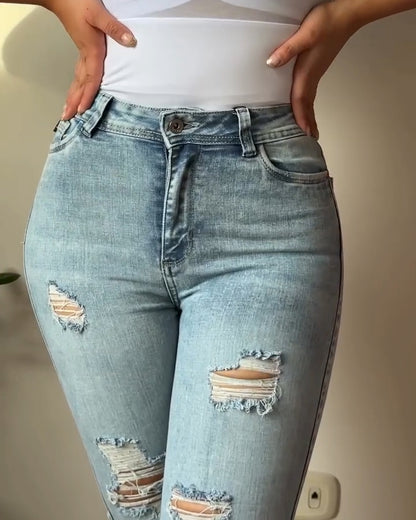 Hochtaillierte Skinny Destroyed Jeans mit Po-Lift-Effekt