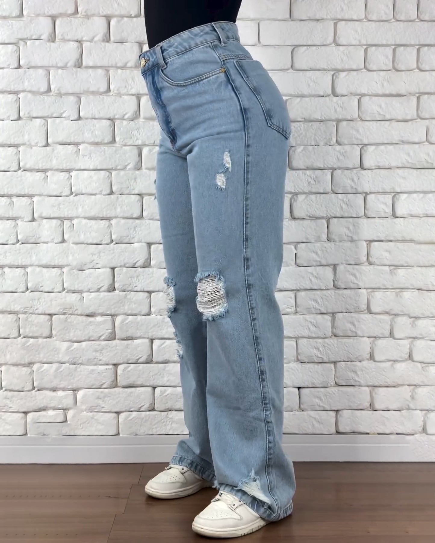 Hochtaillierte Ripped Gerade Weite Jeans