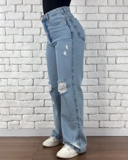 Hochtaillierte Ripped Gerade Weite Jeans
