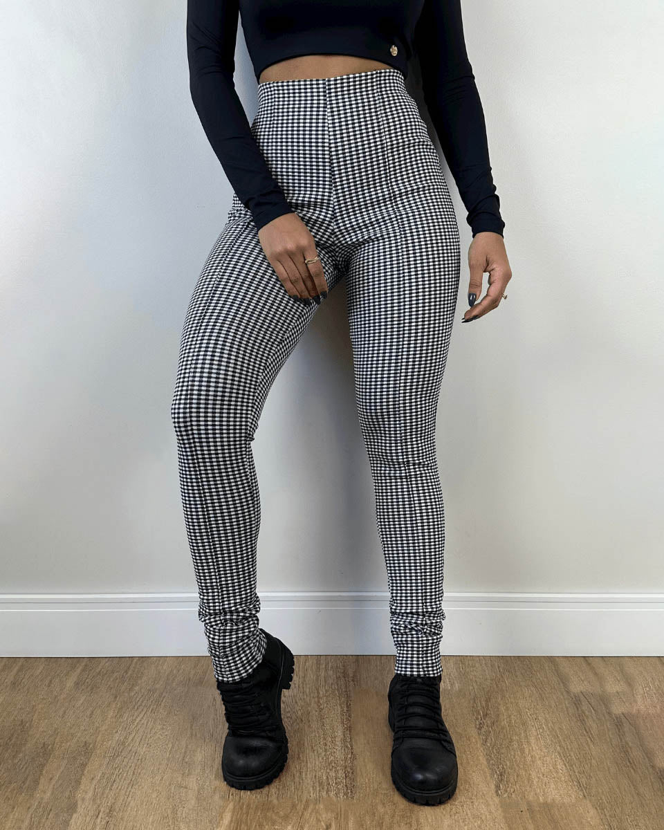 High-Waist Skinny-Hose mit grau kariertem Muster