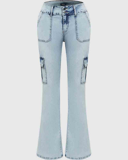 Mehrfachtaschen Doppelknopf Mid-Rise Flared Cargo Jeans