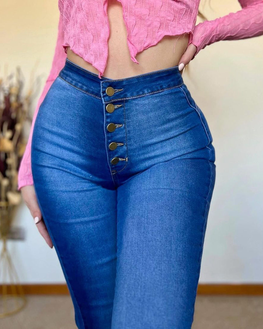 Hochbund Skinny Schlag-Jeans