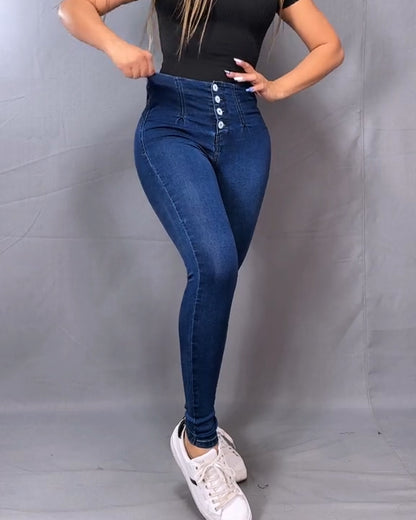 Hochbund Knopf-Skinny Po-Liftende Jeans