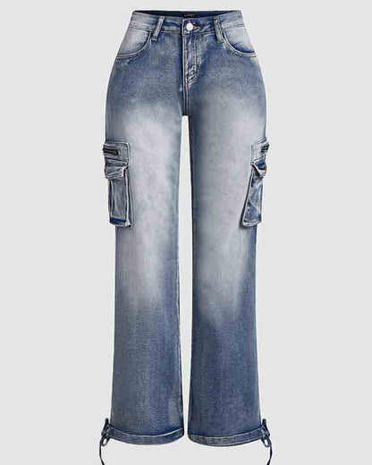 90er Jahre Vintage Klappentaschen Niedrigtaillierte Gerade Cargo Jeans