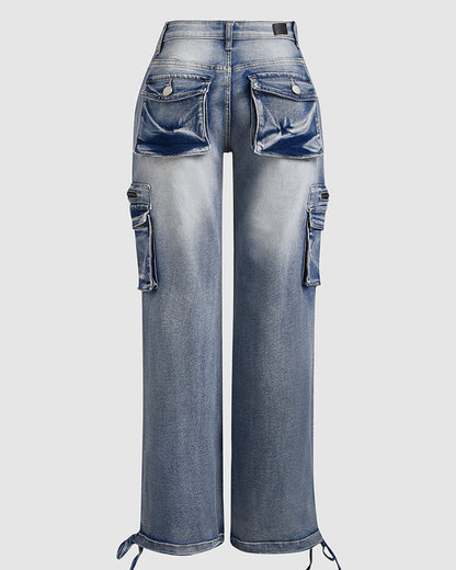 90er Jahre Vintage Klappentaschen Niedrigtaillierte Gerade Cargo Jeans
