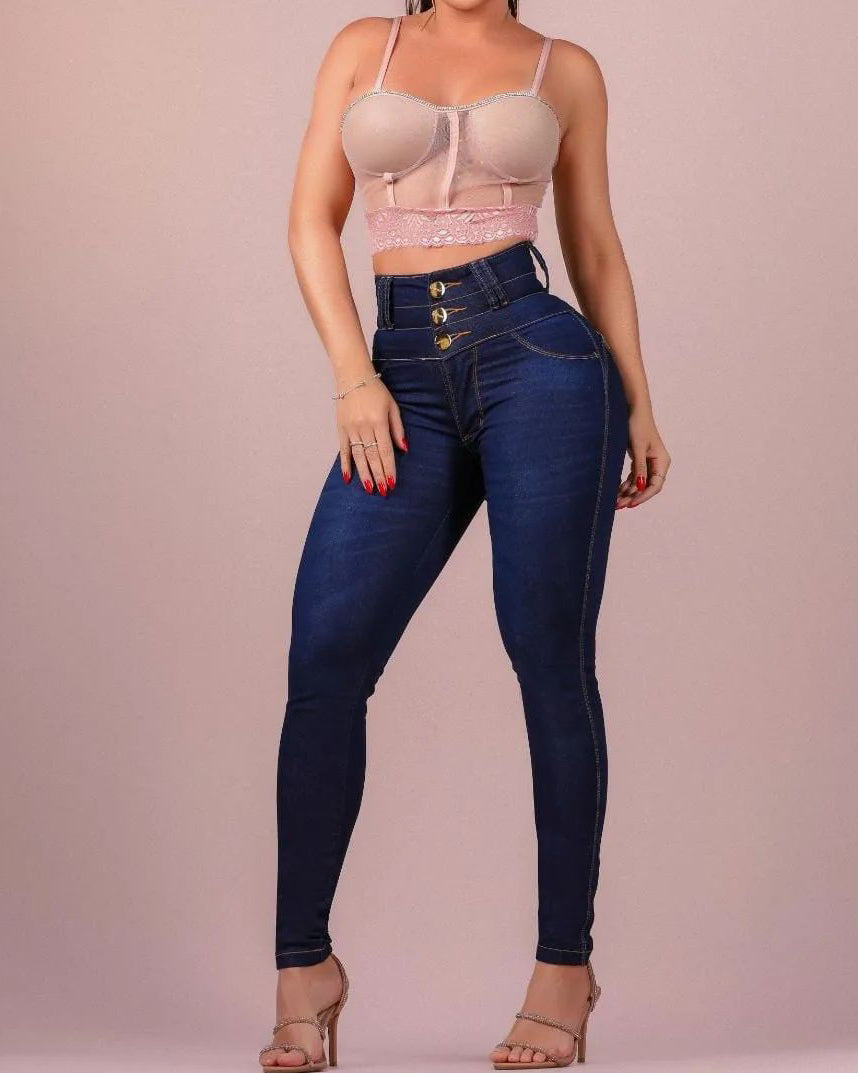 Hoch geschnittene Skinny-Jeans mit drei Knöpfen