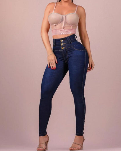 Hoch geschnittene Skinny-Jeans mit drei Knöpfen