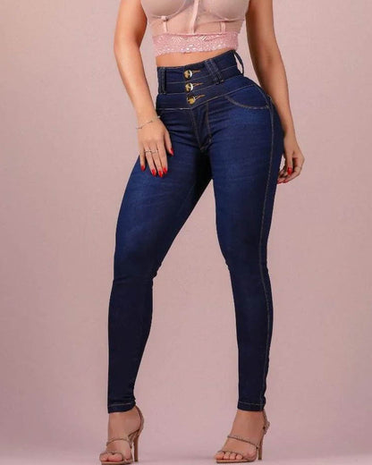 Hoch geschnittene Skinny-Jeans mit drei Knöpfen