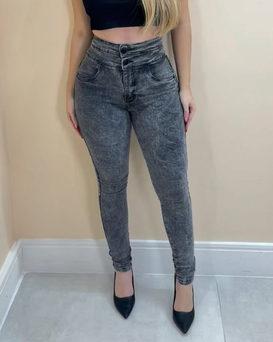 High Waist Doppelknopf Jeans mit Bauchkontrolle und Pfirsich-Po-Effekt