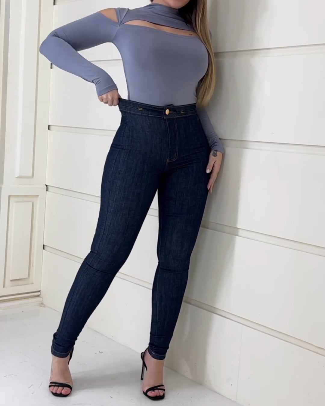 Deep Blue High Waist Skinny Jeans mit Butt Push Up-Effekt