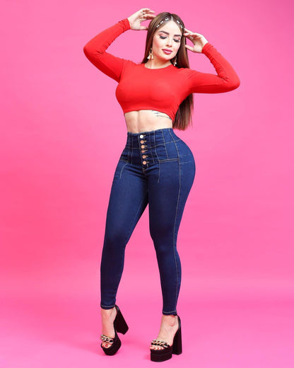 Hoch taillierte Skinny Jeans mit sechs Knöpfen