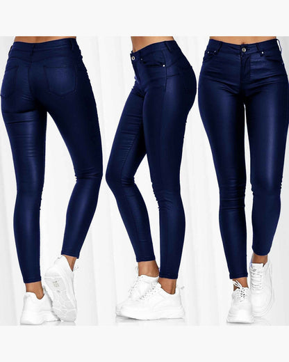 Hohe Taille Solid Color Leder Casual Skinny Pants