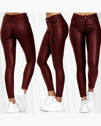 Hohe Taille Solid Color Leder Casual Skinny Pants