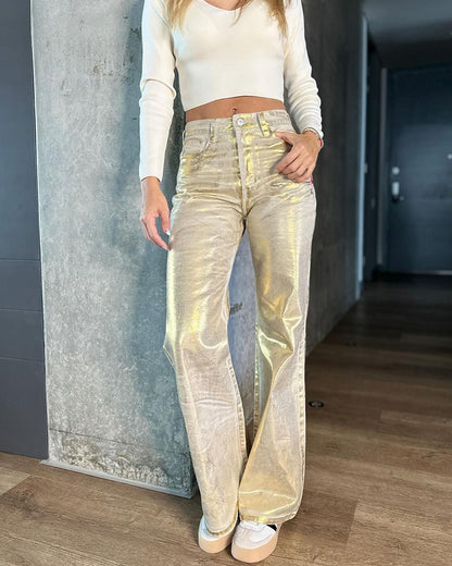 Weiße Metallic Baggy Jeans