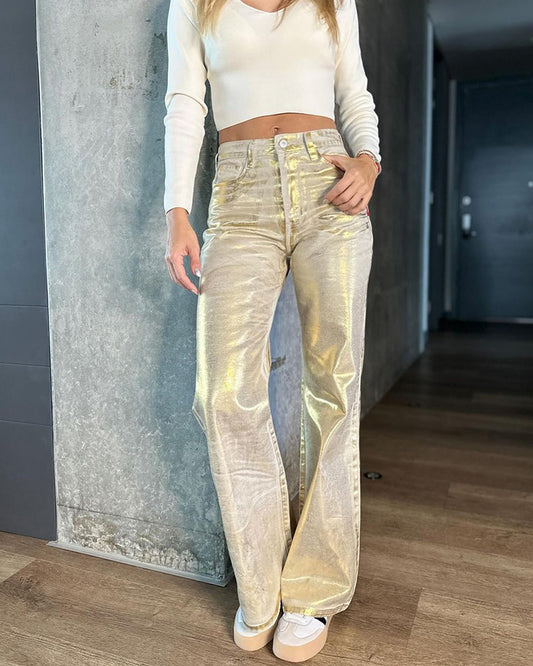 Weiße Metallic Baggy Jeans