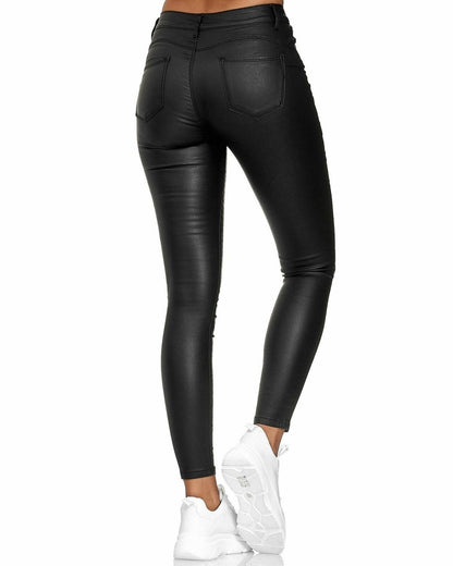 Hohe Taille Solid Color Leder Casual Skinny Pants