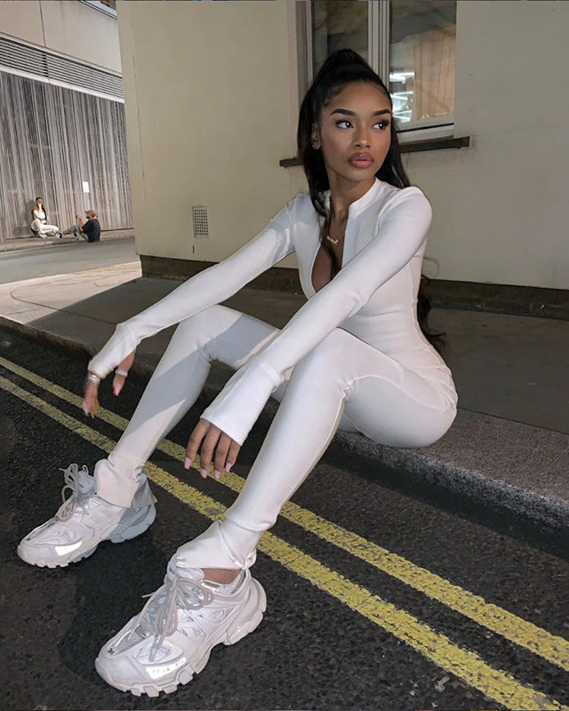 Skinny Fitness Reißverschluss Jumpsuit