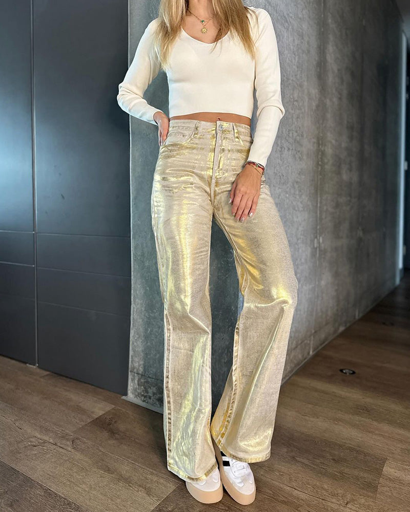 Weiße Metallic Baggy Jeans