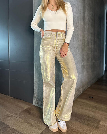 Weiße Metallic Baggy Jeans