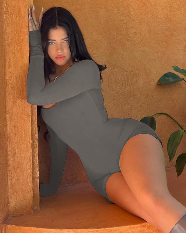 Langärmliger U-Ausschnitt Hohe Taille Hüftanhebender Sport Yoga Jumpsuit