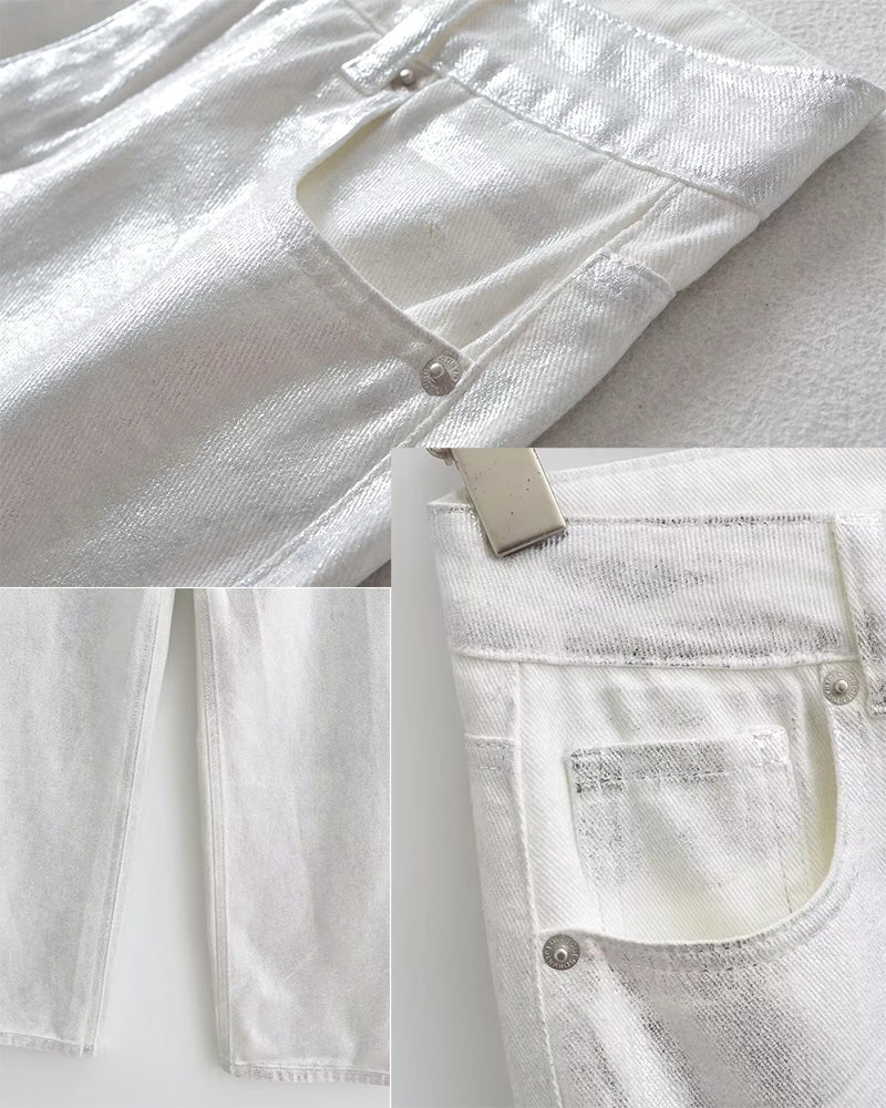 Weiße Metallic Baggy Jeans