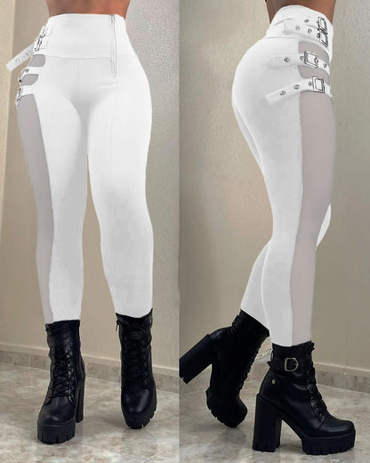 Schwarze Netz Skinny Leder Leggings