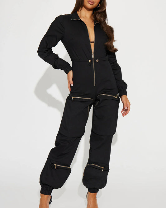 Damen-Lapel-Zipper-Overall mit langen Ärmeln, einfarbig, mehreren Taschen und Reißverschluss