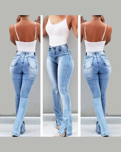 Elastische geschlitzte ausgestellte High-Waist-Jeans Damen-Hose